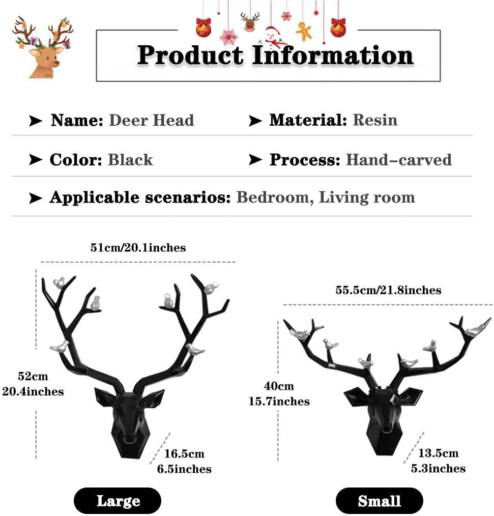 Deer Head Wall Decor Geometric Rustic Wall Mounted Deer Head, Faux Taxidermy Animal Head Wall Art Pendant, Handmade Resin Head Sculptures for Porch, Detachable Antlers, 6 Styles(Black,20.1x20.4IN)