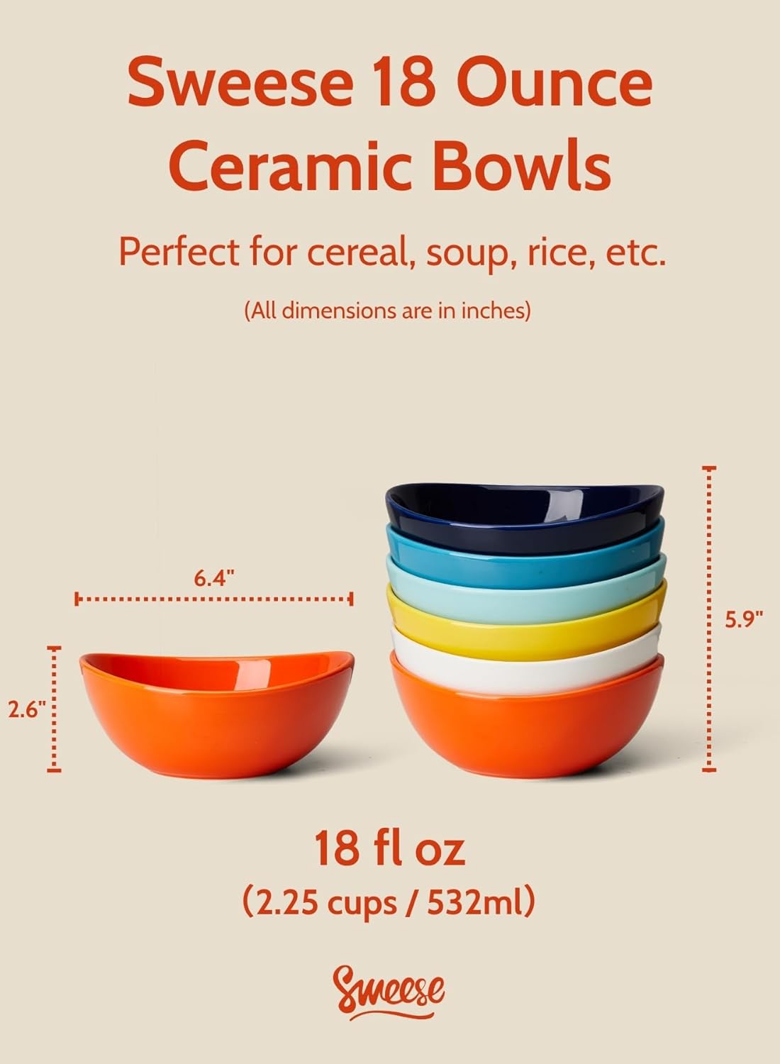 Sweese porcelain bowls 18 oz set of 6 - versatile for soup, cereal, fruit, rice - microwave dishwasher safe, oven proof vibrant mixed colors