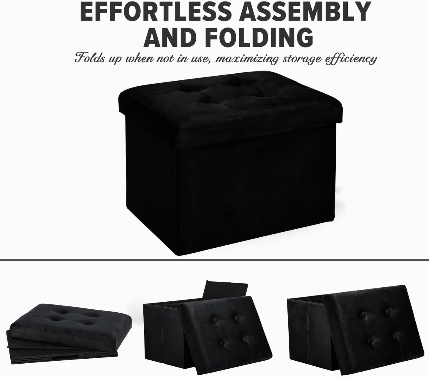 LINMAGCO Storage Ottoman Folding Foot Stool Velvet Foot Rest with Padded Modern Ottoman with Storage for Living Room Puppy Step Stool 17x13x13in(Black)