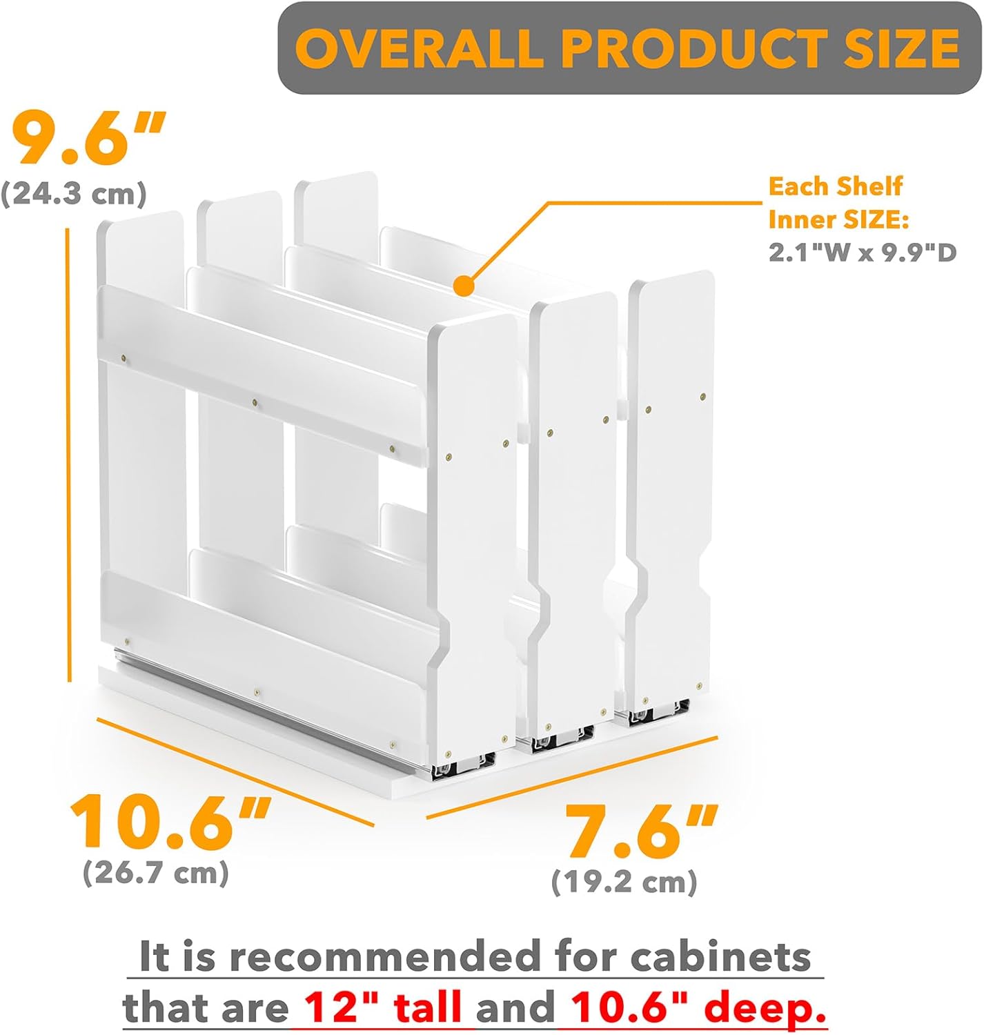 SpaceAid Bamboo Pull Out Spice Rack Organizer for Cabinet, Heavy Duty Slide Out Seasoning Kitchen Pantry Sliding Vertical Organization, 7.6" Wide, 3 Drawers(2" Wide), 2-Tier, White