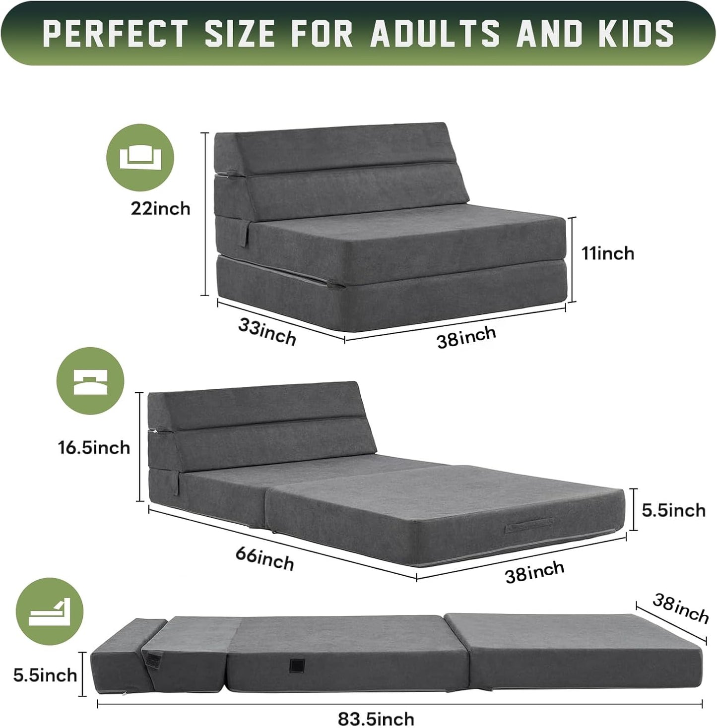 jela Foldable Sofa Bed Soft Foam Convertible Sleeper Chair Luxury Miss Fabric Fold Out Chair Bed Floor Couch with Back Support Floor Sofa for Living Room Bedroom (Twin,Dark Gray)