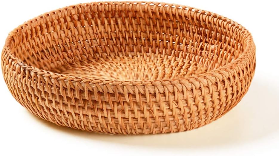 Hadewoven Round Rattan Fruit Basket Wicker Food Tray Weaving Storage Holder Dinning Room Bowl, 7”Decorative Natural Basket Woven Fruit Basket Bowl for Entryway Table, Countertop (Small 7”)