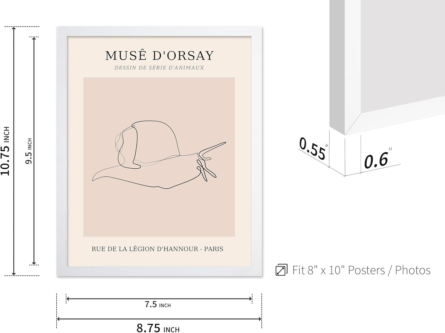 Poster Master Vintage Poster - Retro One Line Snail Drawing Print - Snail Line Art - Minimal Gift for Men, Women, Animal Lover - Abstract Wall Decor for Home, Office, 8x10 White Framed