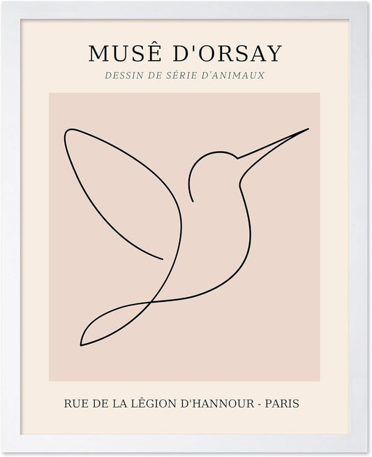 Poster Master Vintage Poster - Retro One Line Hummingbird Drawing Print - Bird Line Art - Minimal Gift for Him, Her, Animal Lover - Abstract Decor for Home, Office, 11x14 White Framed
