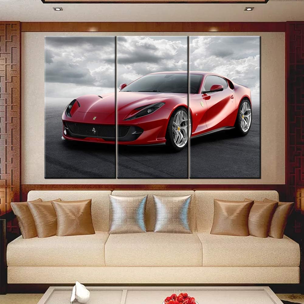 Red Speedy Car Poster Wall Art Sports Car Canvas Prints Red Car and Clouds Cars Picture Print on Canvas 3 Panel Speed Blur Cars Decorations for Boys Room Home Decoration - 40 x 20inch x 3 panels