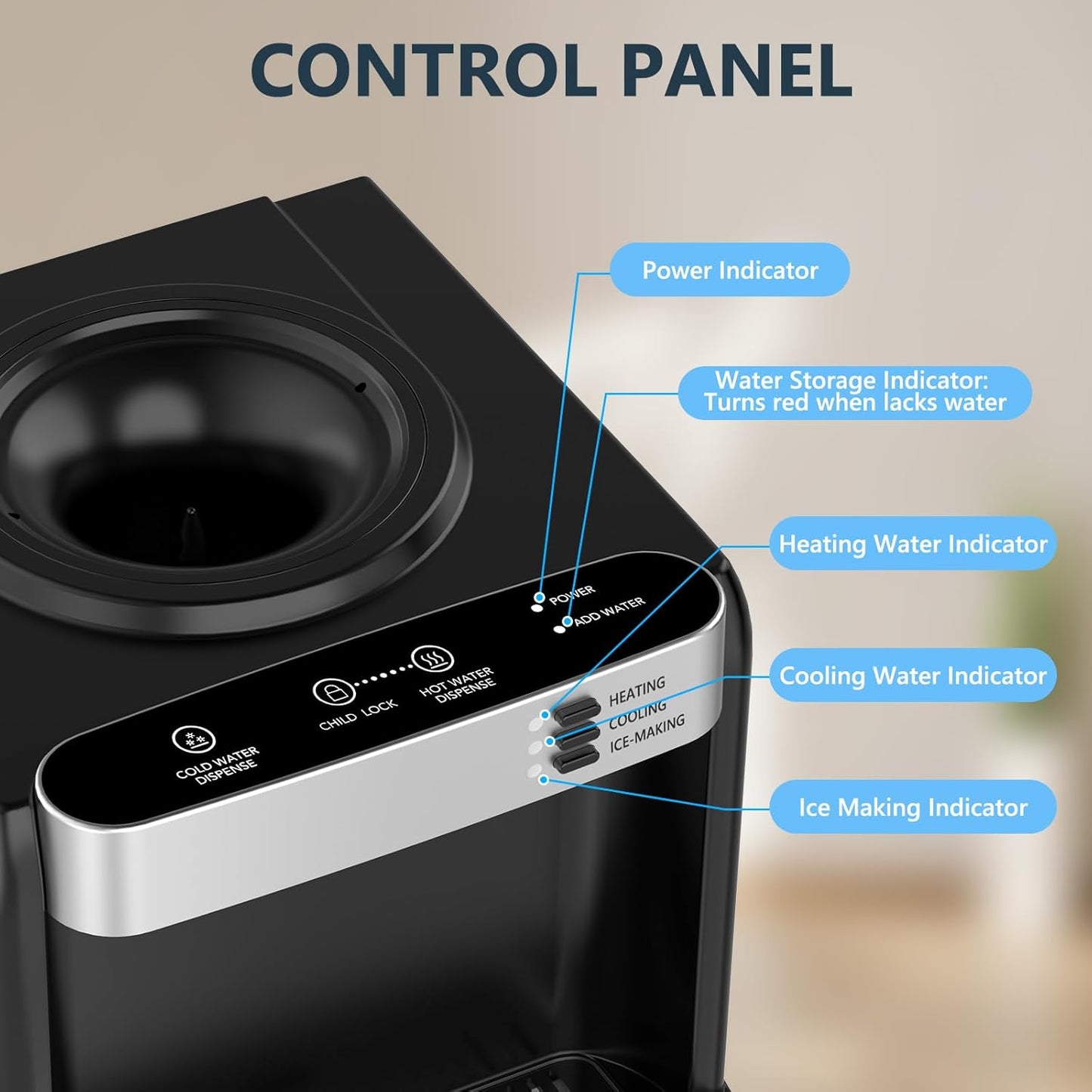 COWSAR 3-in-1 Water Cooler with Ice Maker, Hot & Cold Top Loading, Water Dispenser for 5 Gallon Bottle, 33LBS/24H Ice Maker with Child Safety Lock, Black