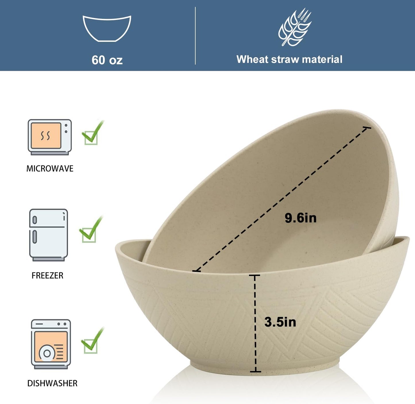 65oz Big Wheat Straw Bowls - Large Salad Bowls set of 6 - Unbreakable Serving Bowl Sets - Microwave & Dishwasher Safe Bowl Sets for Cereal,Salad,Fruit - Beige