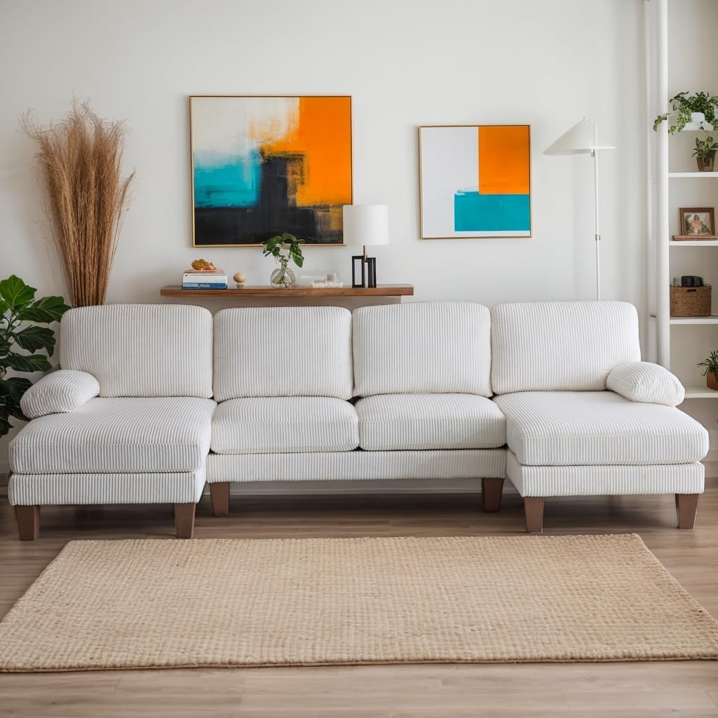 Karl home U-Shape Sectional Sofa Couch 111" Modern 4-Seat Sofa with Chaises Corduroy Fabric Upholstered Covertible Couch with Wood Grain Legs for Living Room, Reception Room, Apartment, Beige