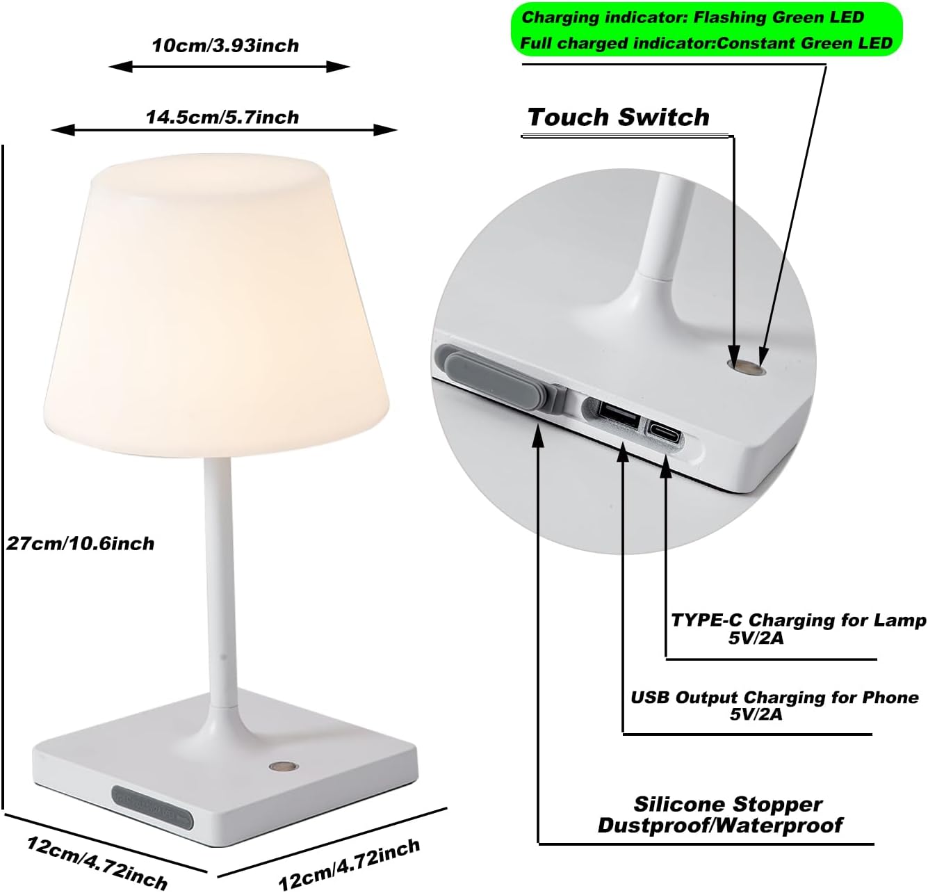 Cordless Table lamp, Outdoor Battery Operated Rechargeable Desk lamp,Waterproof Shower Lamp,4000mAh LED 3 Colors Small Wireless lamp for Kitchen Counter -White