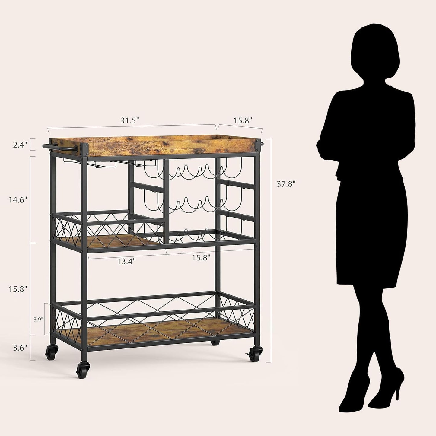 Gizoon Bar Cart, 3 Tier Coffee Cart with Lockable Wheels, 12-Bottle Wine Rack, and Hanging Glass Holder, Kitchen Rack with Removable Tray, for Kitchen, Dining Room, Entertaining, Club Party,Retro