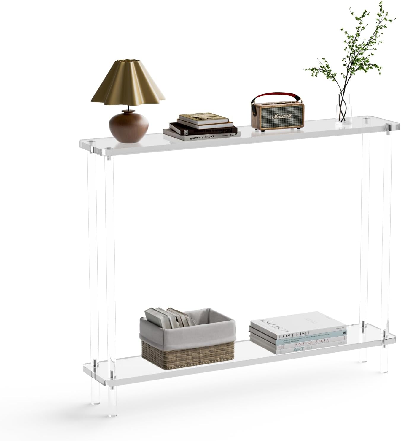 Acrylic Console Table, 2 Tier Acrylic Narrow Console Tables for Entryway,CHICUN, Square Legs, Skinny Console Table for Foyer, Sofa, Living Room,Clear