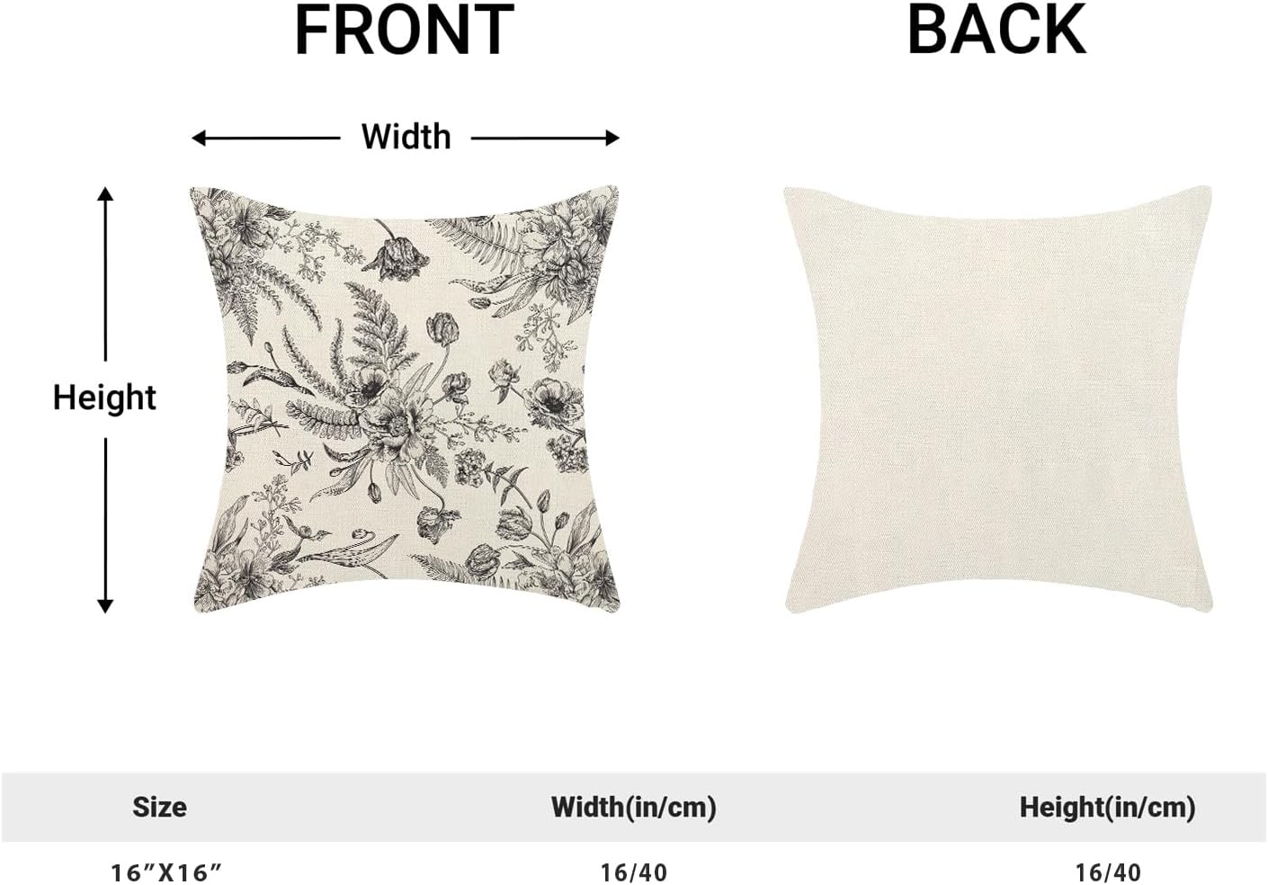 CXMEIFLY Spring Floral Leaves Pillow Covers 16 x 16 Inch Set of 2 for Chinoiserie Flowers Decor Throw Pillows Black and White Seasonal Plant Outdoor Decorative Cushion Cases for Couch Bed Decorations
