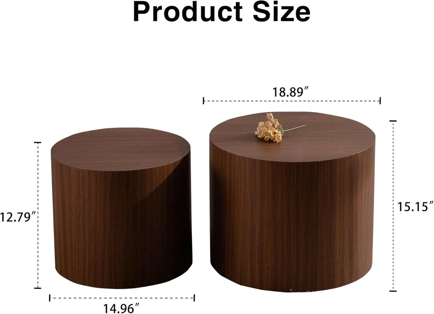 Nesting Round Coffee Table Set of 2, Small Circle Accent End Table for Small Spaces, Morden Drum Side Table, Wooden Center Table for Living Room, Fully Assembled - Dark Walnut