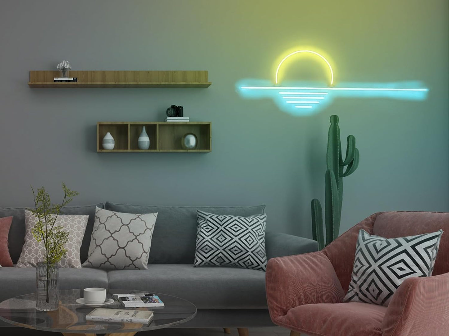 LED Decorative Lights USB Mountains Sunrise Sunset Led Neon Signs Home Decoration Wall Art Holiday Gift Brightness Adjustable 16.5''x9.5''