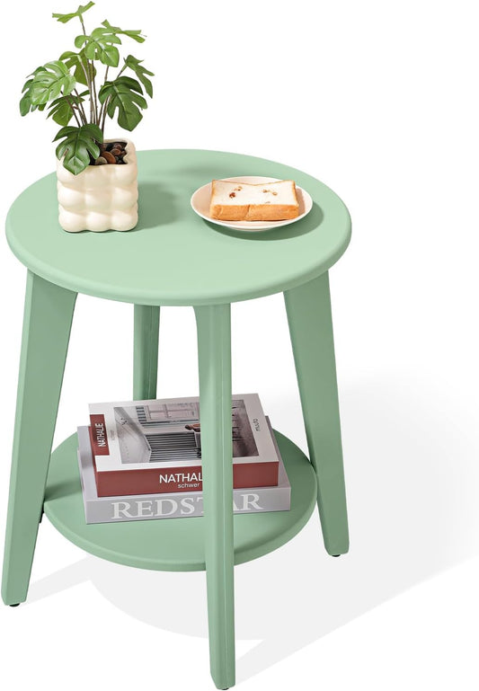 Round Side Table Green Wooden End Table with Lower Shelf Rustic Vintage Nightstand Beside Table for Living Room Bedroom Small Spaces