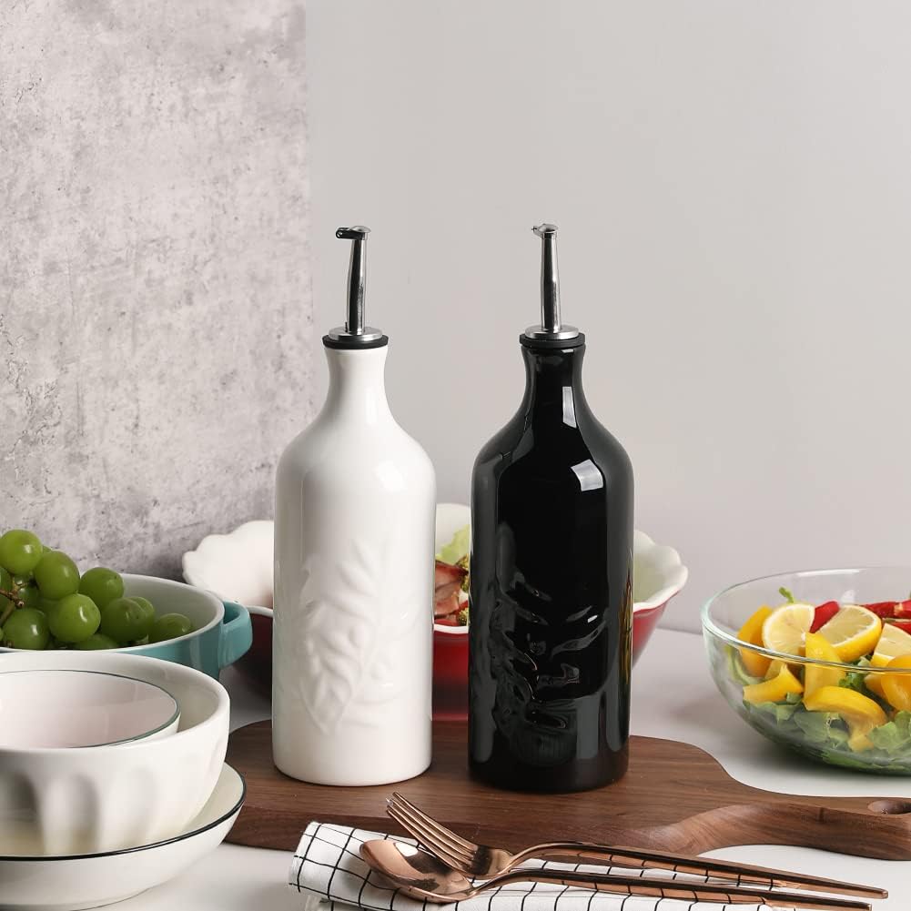 Sweejar Ceramic Olive Oil Dispenser Bottle, 20 Oz Relief Opaque Oil Cruet Protects Oil To Reduce Oxidation, Suitable for Storage Oil, Vinegar, Soy Sauce, Coffee Syrup, Liquids, Pack of 1 (White)