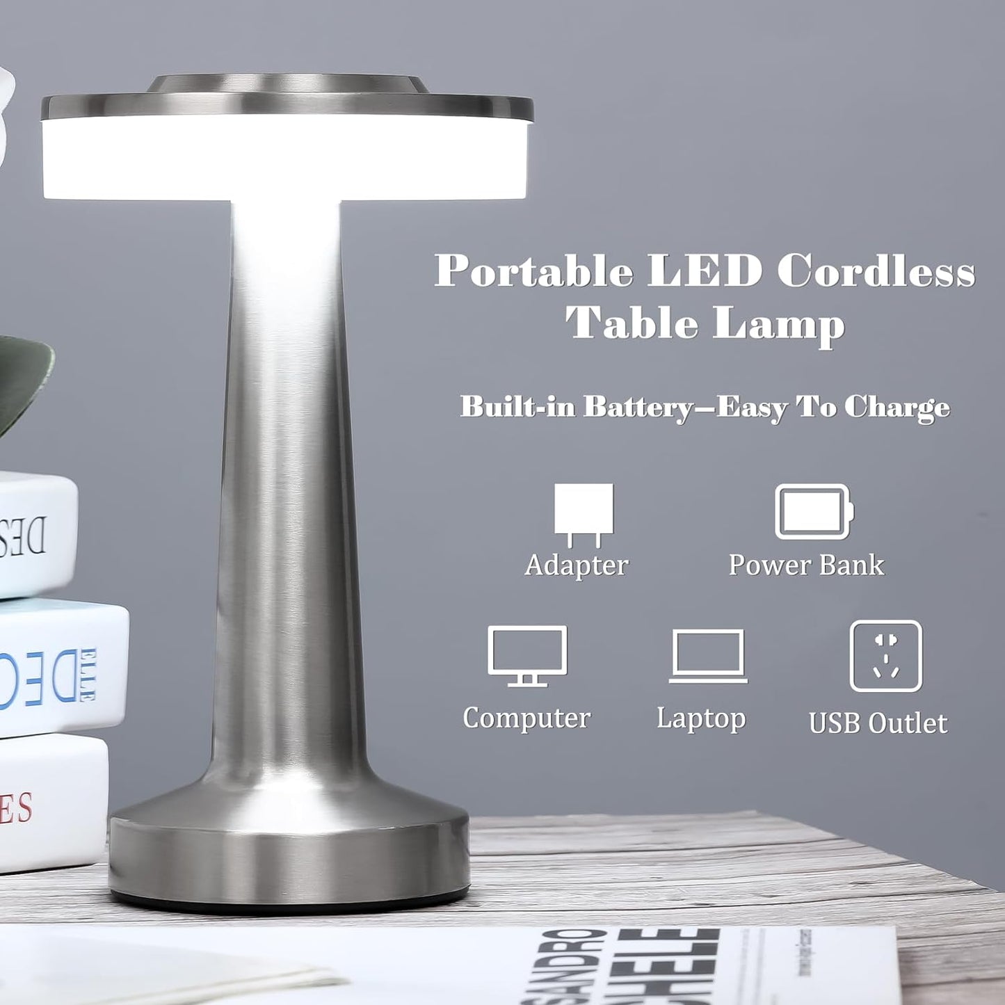 VIHOSE Set of 8 LED Portable Cordless Table Lamp with Touch Sensor 3 Color Stepless Dimming Rechargeable Battery up to 15 Hours Cordless Table Light Wireless Lamp for Nursery(Silver)