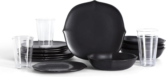 Stone Lain Baskerville 16-Piece Dinnerware Set Stoneware, Borosilicate Glass, Black