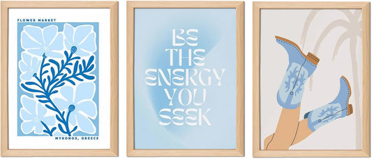 Blue Preppy Canvas Wall Art Set of 3 Trendy Cowgirl Boots Home Decor Flower Market Posters Prints Coastal Aesthetic Painting Picture for Girls Bedroom Bathroom Living Room Dorm 16x24Inch Wood Framed