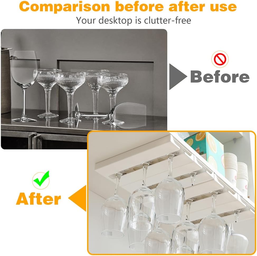 Wine Glass Holder Under Shelf or Cabinet Punch-free,Wine Glass Rack Stemware Rack Glassware Drying Storage Hanger for Kitchen,Bar and Restaurant (White)