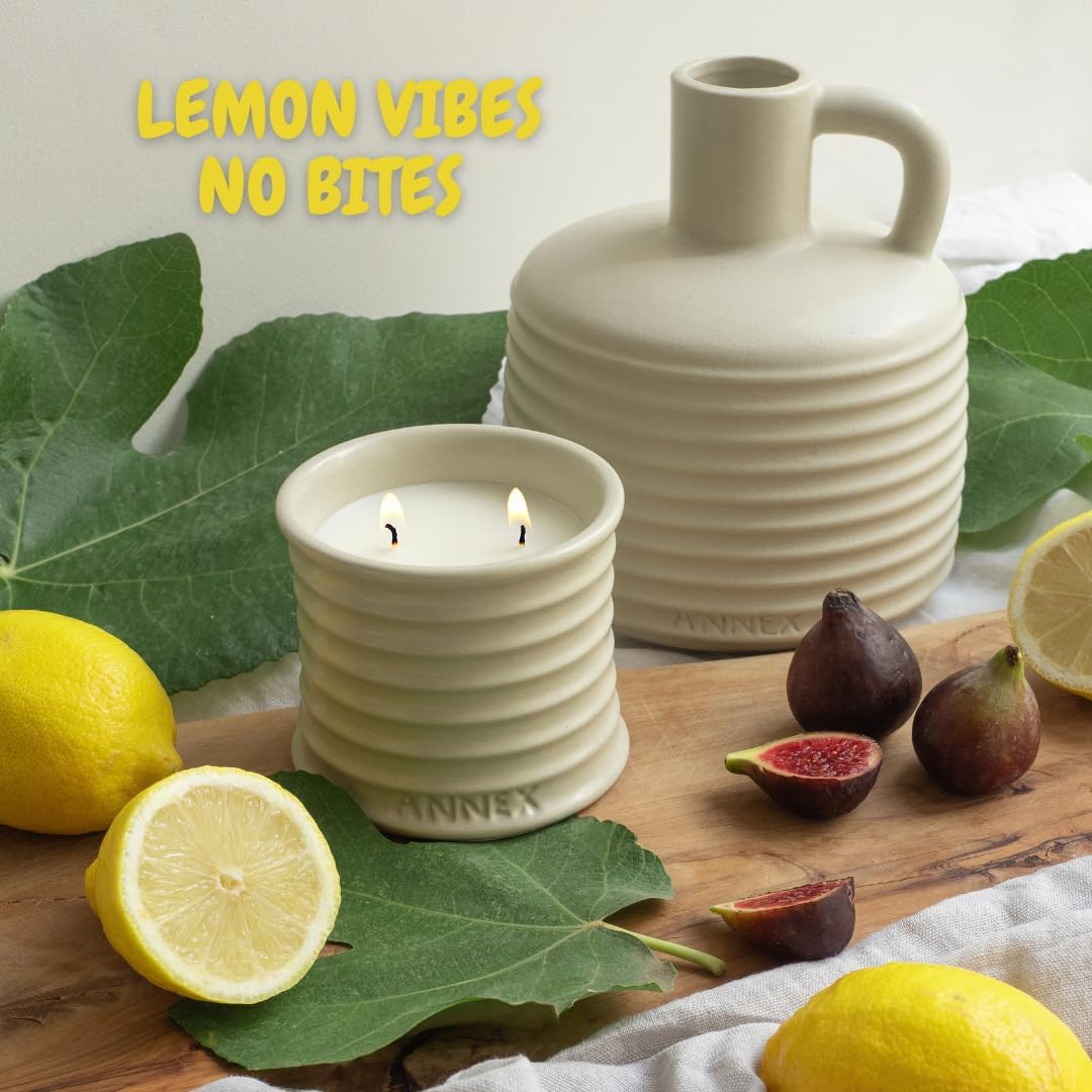 Scented Luxury Citronella Candles outdoor, Mosquito Bug Repellent | Handmade Ceramic Jars, Soy Wax | Cloudy Pillow - Fig Leaf & Lemon, Large Natural Candle | Non Toxic, 2 Wicks, Reusable Big Beige Jar