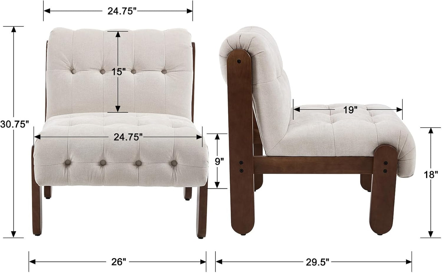 Modern Armless Accent Chair Set of 2 for Living Room, Beige Linen Button Tufted Upholstered Lounge Reading Chair with Walnut Wood Frame
