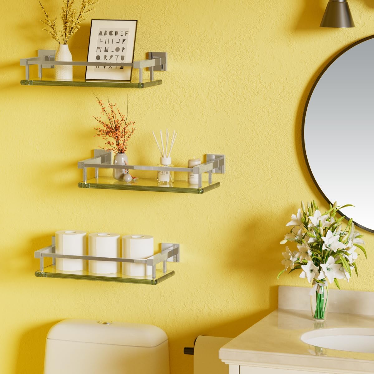 Alise Glass Shelves for Bathroom Wall, Tempered Glass Bathroom Shelf Wall Mounted, Modern Space Saving Floating Shelves 12 inch, Polished Chrome