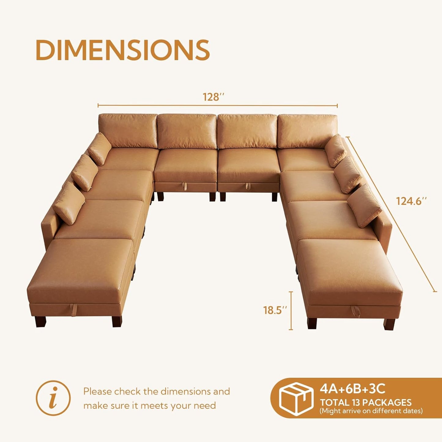 U Shape Sectionals Sofa Couch with Storage, Faux Leather 10 Seater Sofa, Big Comfy Couch, Large Sectionals for Big Space, House, Office, Tan