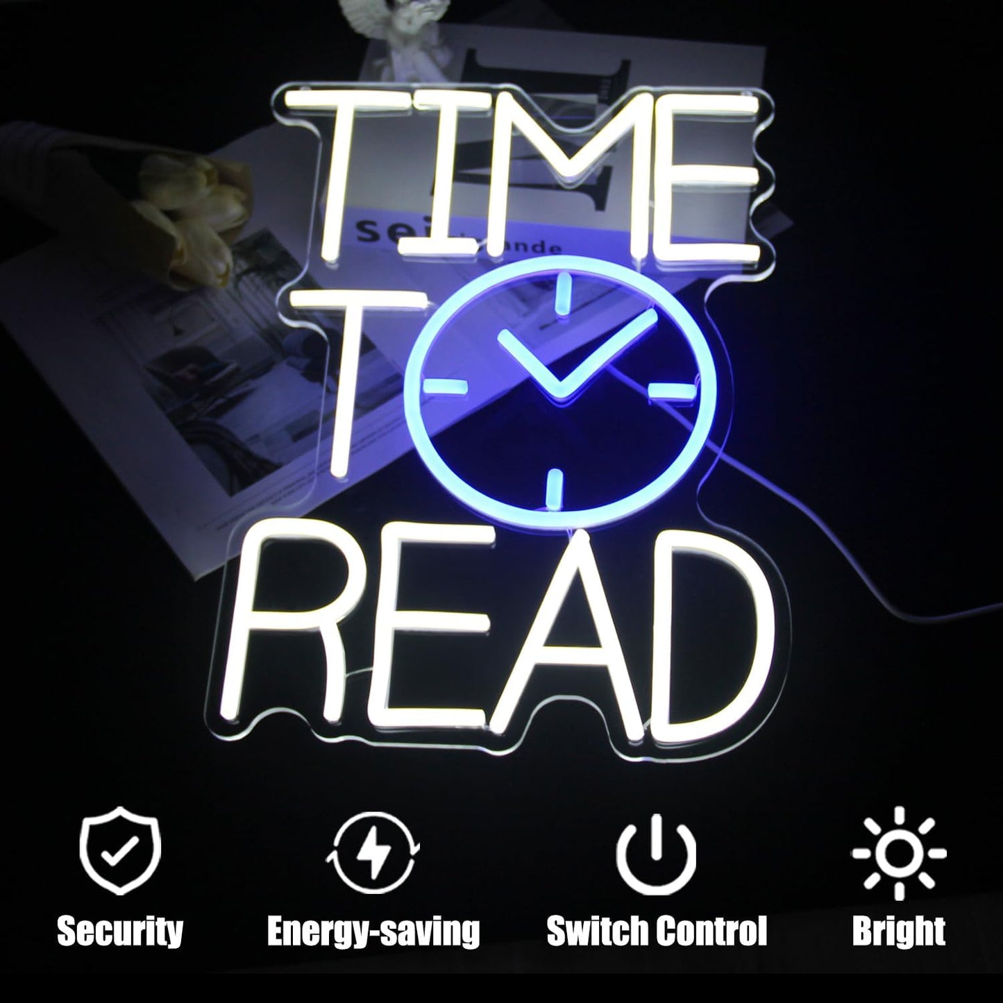 Time To Read Neon Sign Read Books Neon Light White Letter LED Signs Blue Clock Neon Read Light Up Sign for Bedroom Classroom Library Reading Corner Bookstore Decor