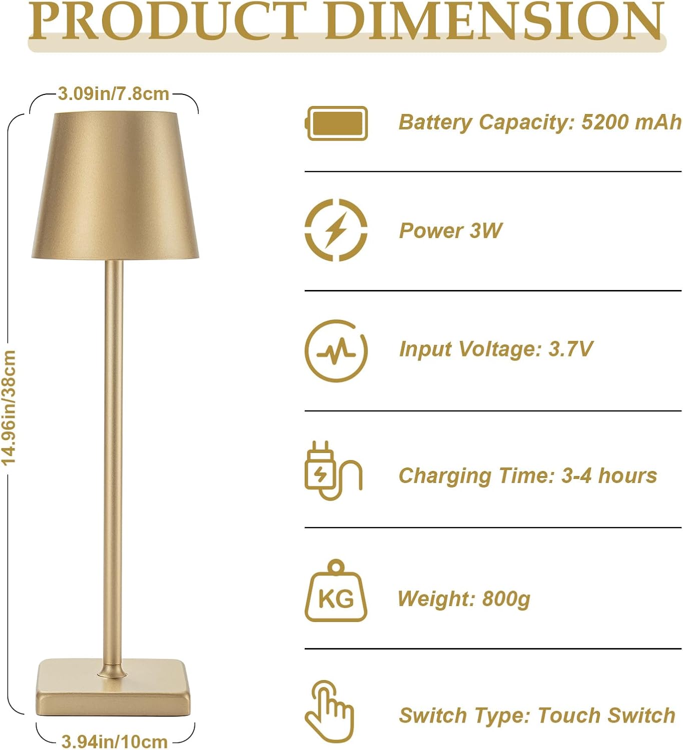 HASUN Gold Cordless Table Lamp, Aluminum Shell LED Rechargeable Desk Lamp, 3W 5200mAh Battery Operated Table Light, 3 Color Stepless Dimming Up Waterproof for Living Room/Indoor/Outdoor (Gold)
