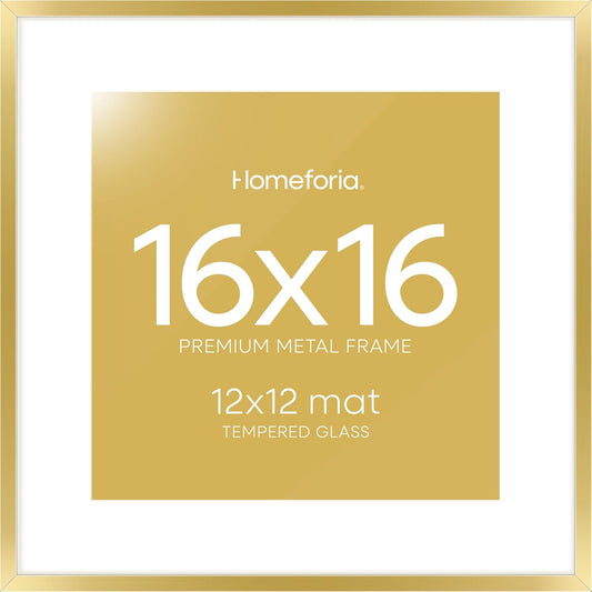 Homeforia 16x16 Picture Frame Gold, High End Metal 16 x 16 Square Poster Frame with Mat 12 x 12 Photo, 16x16 Frame Matted to 12x12 Print, 16by16 Gold Hanging Frames, Tempered Glass, Wall Kit, Set of 1