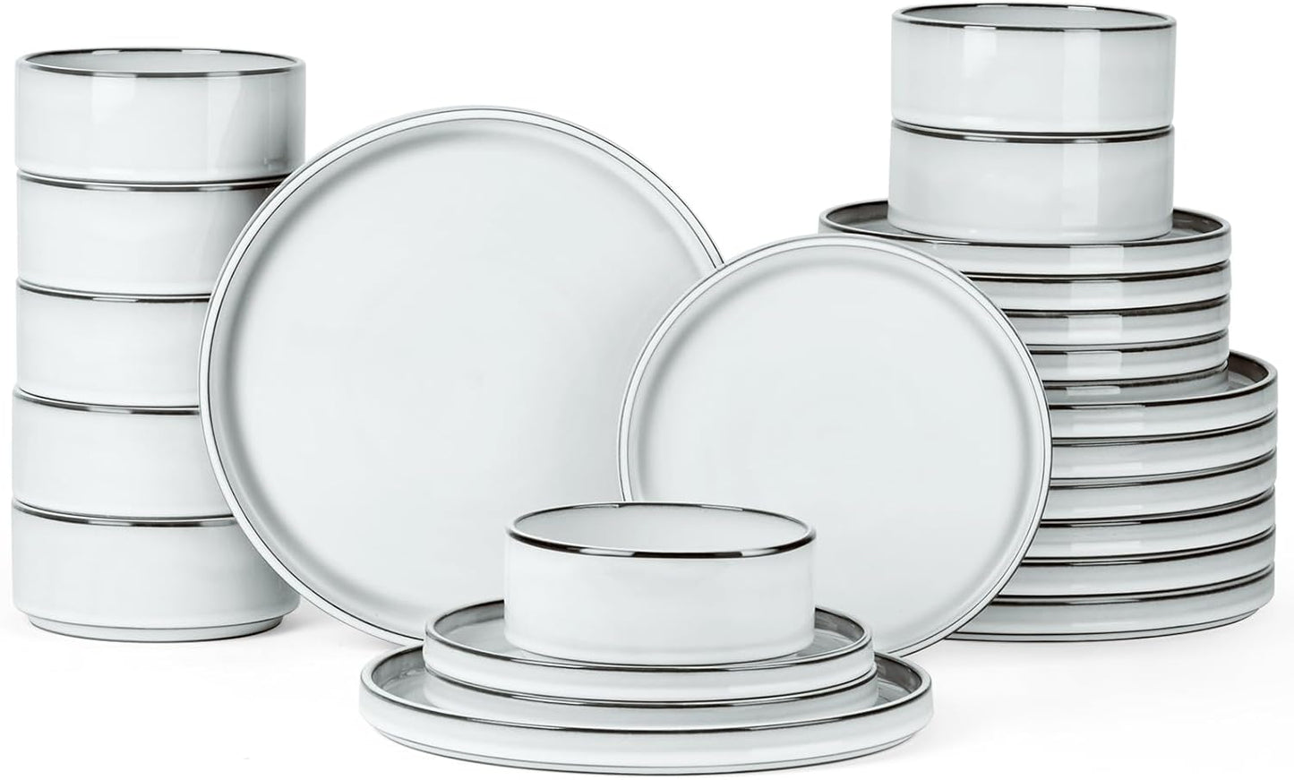 Onader Dinnerware Dishes Sets for 8, Stoneware Plates and Bowls with Unglazed Terracotta Bottom, Ceramic Kitchen Dinner Dish Set, 24 Piece - Glacier White