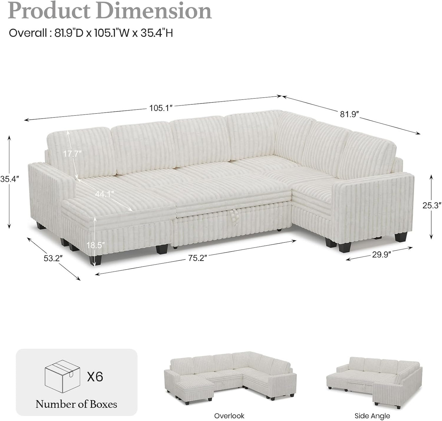 Belffin Corduroy Sleeper Sofa Bed with Storage Chaise Modular Sectional Sofa Couch with Pull Out Bed L Shaped Sectional Couches for Living Room White Couch