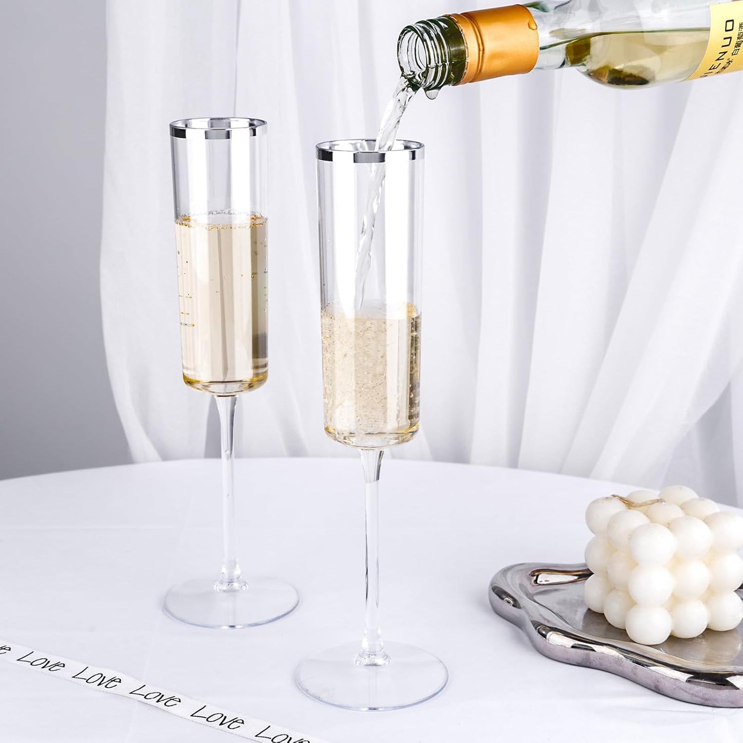 Ciaell 24 Pack Silver Plastic Champagne Flutes - 6 Oz Disposable Champagne Glasses - Square Silver Rim Plastic Toasting Glasses for Party Birthday Anniversary Wedding