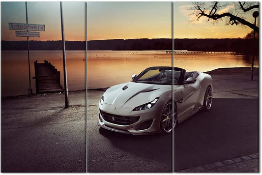 TUMOVO Pier Landscape Canvas Wall Art Framed White Boys Fast Car Cool Sports Poster 3 Pieces 3D Diamond Print Painting with Frame and Stretched Ready to Hang - 28 x 14inch x 3 Panels