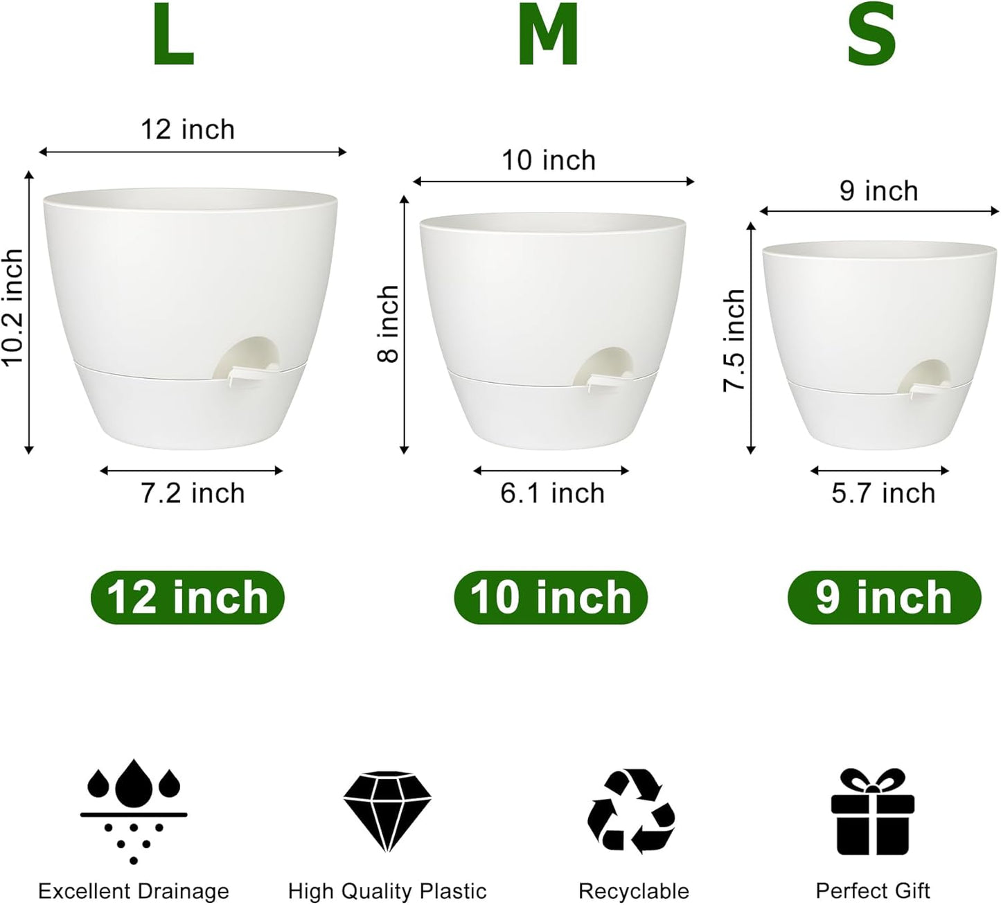 Plant Pots 12/10/9 Inch Self Watering Pots, Set of 3 Plastic Planters with Drainage Holes and Saucers,Plastic Flower Pots,Nursery Planting Pot for Indoor Out Door Plants(Pure White)