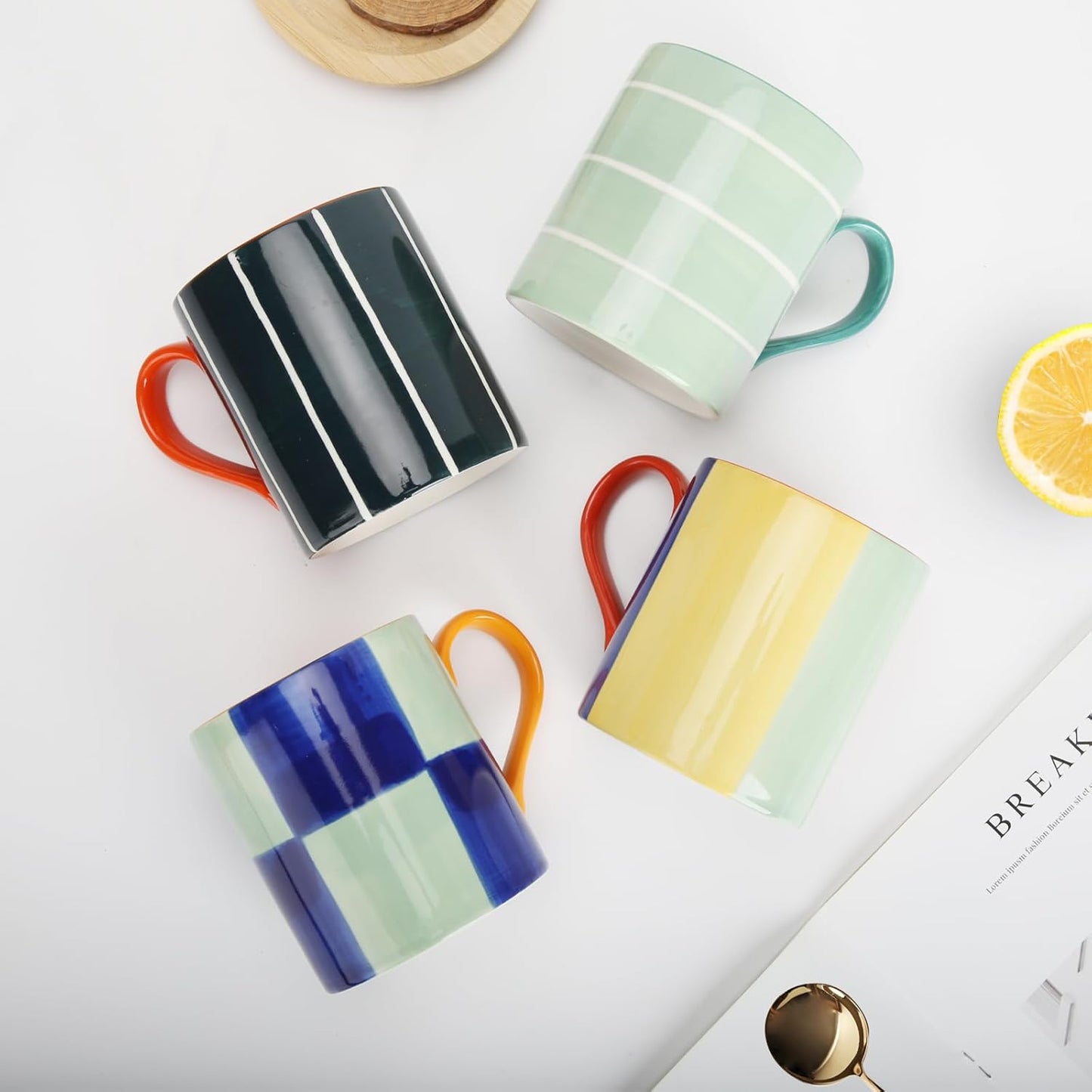 Koja Colorful Hand Painted 16 oz. Porcelain Ceramic Mugs Set. Service for 4.