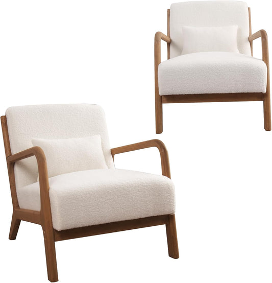 INZOY Mid Century Modern Accent Chair Set of 2, Lamb Wool Fabric Living Room Chairs with Waist Cushion, Upholstered Reading Armchair for Bedroom Sunroom
