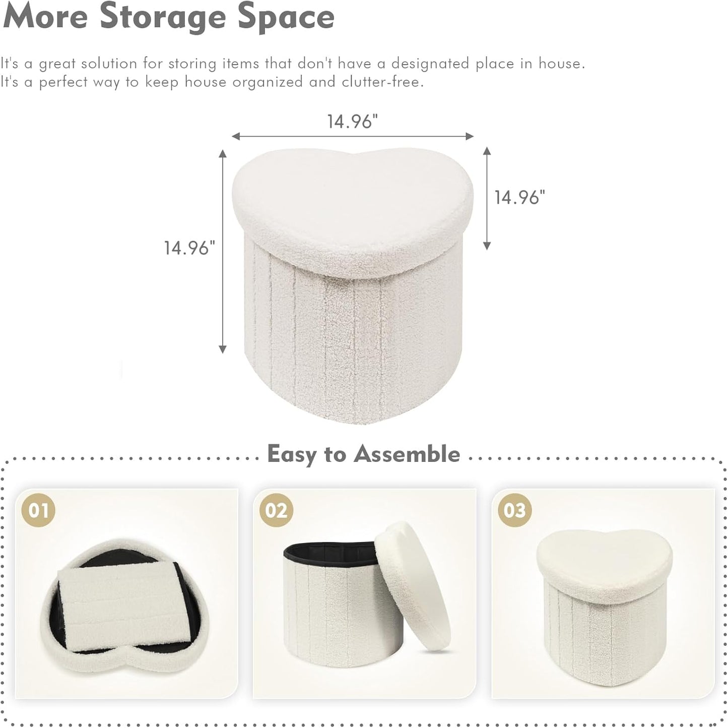 B FSOBEIIALEO Storage Ottoman Cube, Heart Shaped Ottomans with Storage Foot Stool Footrest for Lving Room, Boucle Ottoman Seat for Dorm Room,Faux Teddy Fur, Cream White 15"x15"x15"