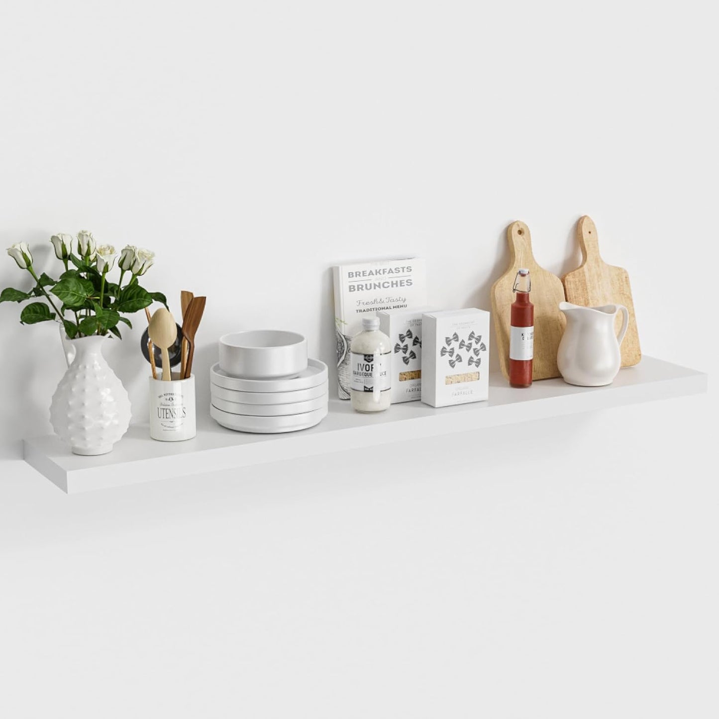 White Floating Wood Shelves for Wall 48 Inch, 8 in Deep Pine Shelf Floating Home Decor, Heavy Duty Shelf Hold 100 lbs, Wall Shelves for Bathroom Living Room Kitchen Bedroom Office Book, Set of 2