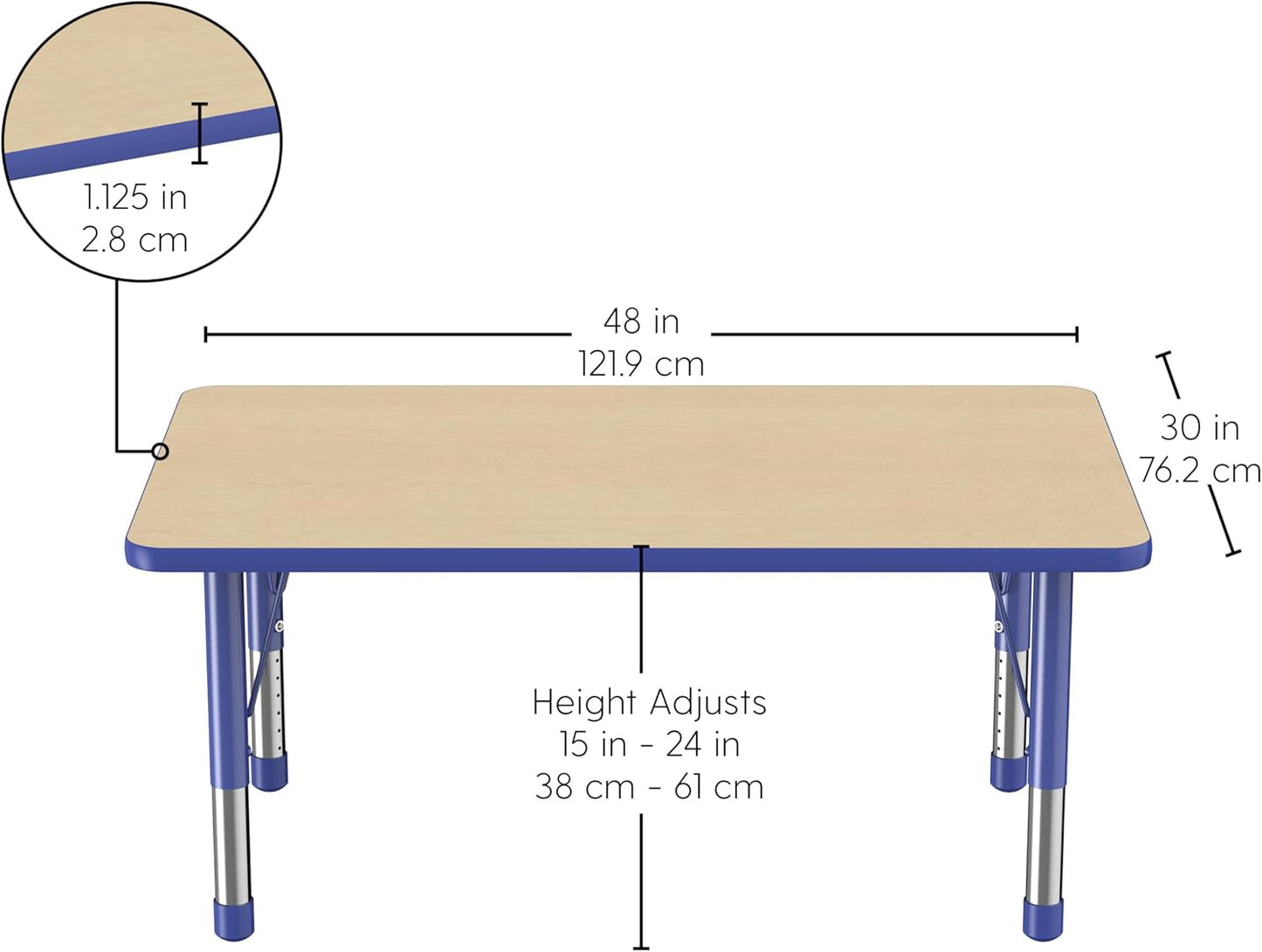 FDP Rectangle Activity School and Classroom Kids Table (30 x 48 inch), Chunky Toddler Legs, Adjustable Height 15-24 inches - Maple Top and Blue Edge