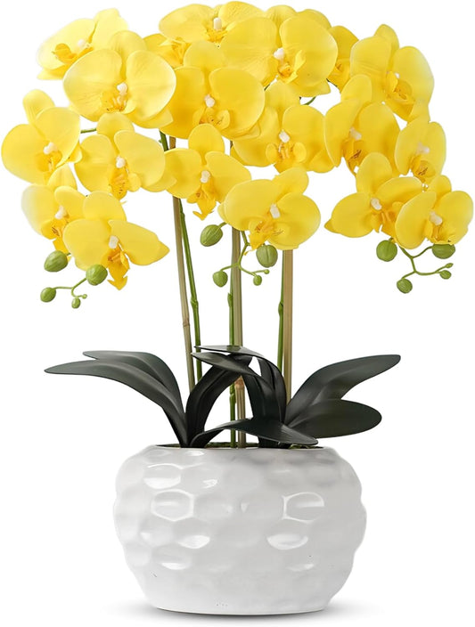Orchid Artificial Flowers with White Vase Large Silk Faux Phalaenopsis Flowers for Dining Room Table Floral Centerpieces Indoor Decoration,Yellow