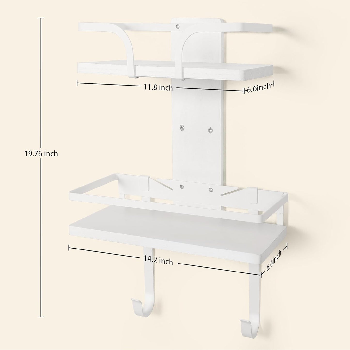 VINAEMO Ironing Board Hanger Wall Mount, 2-Layer Iron and Ironing Board Holder, Laundry Room Shelves Solid Wood with Removable Hooks Home Organization and Storage (White)