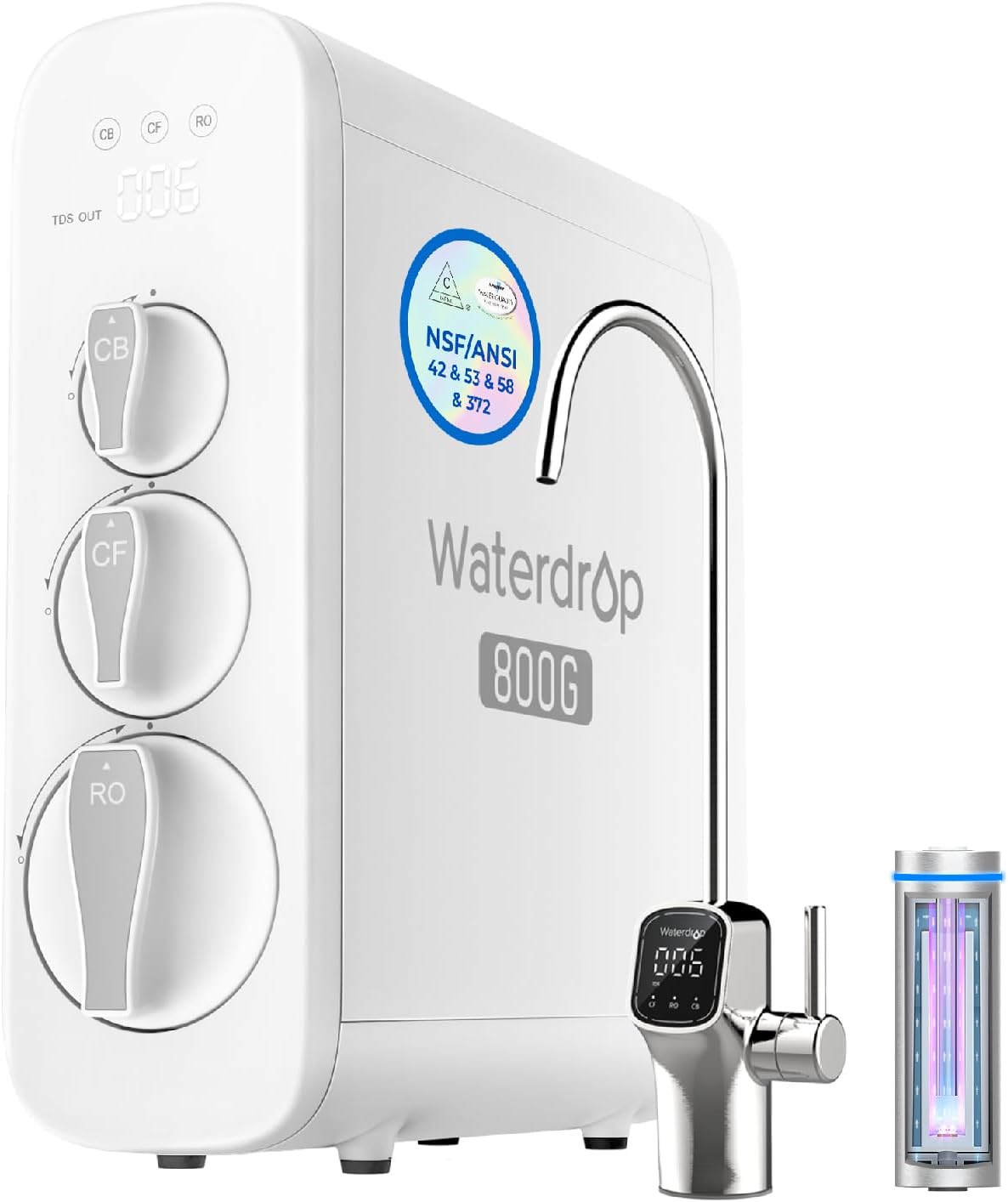 Waterdrop G3P800 Reverse Osmosis System, 800 GPD Fast Flow, NSF/ANSI 42 & 53 & 58 & 372 Certified, 3:1 Pure to Drain, Tankless Under Sink RO Water Filter System, LED Purifier, Smart Faucet