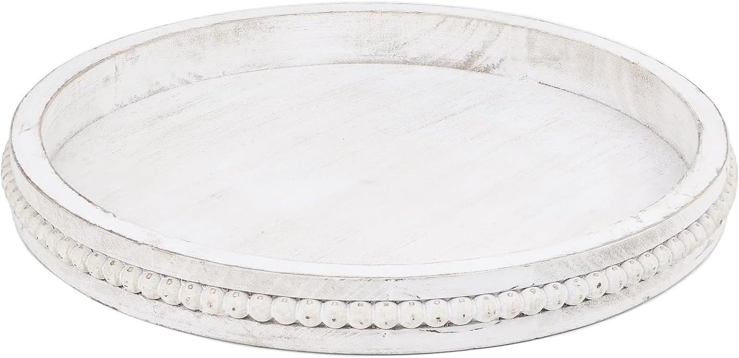 Round Wood Serving Tray with Beads, White Washed Wooden Decorative Tray for Entertaining, Decoration, and Gifting