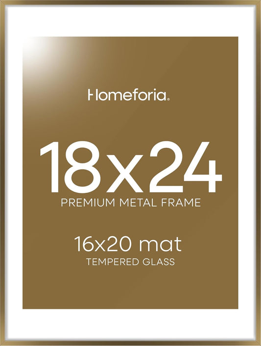 Homeforia Picture 18x24 Bronze Frame, High End Metal 18x24 Brass Poster Frames with Mat 16x20 for Photo, 18 x 24 Frame Matted to 16 x 20 Print, 24x18 Hanging Frames, Tempered Glass, Wall Kit, Set of 1