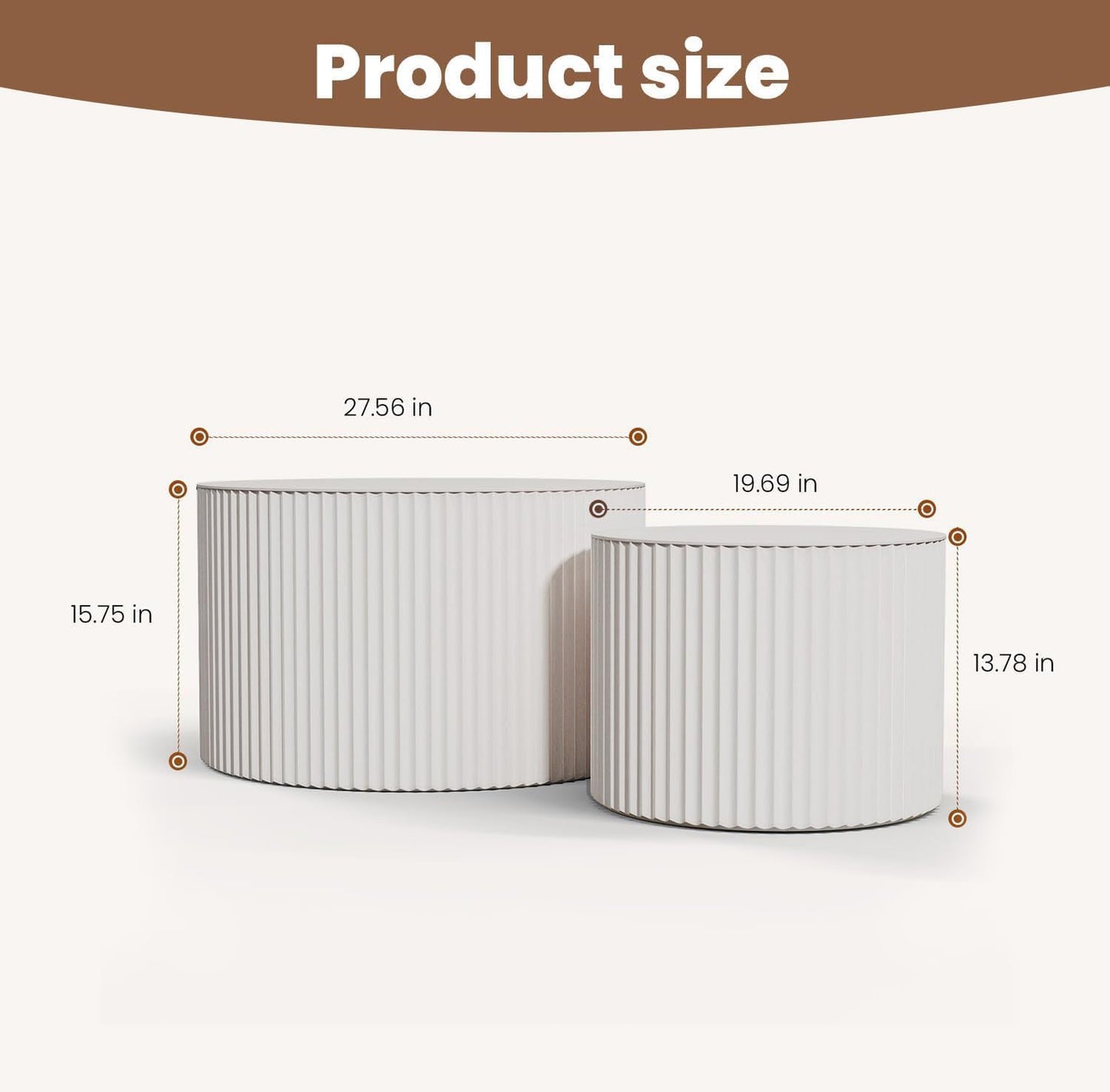 Round Nesting Coffee Table Wood Drum Nesting Tables Modern Stacking Coffee Table Set of 2 Fluted Center Table End Table for Living Room Home Office Small Spaces, No Assembling (Beige Large)