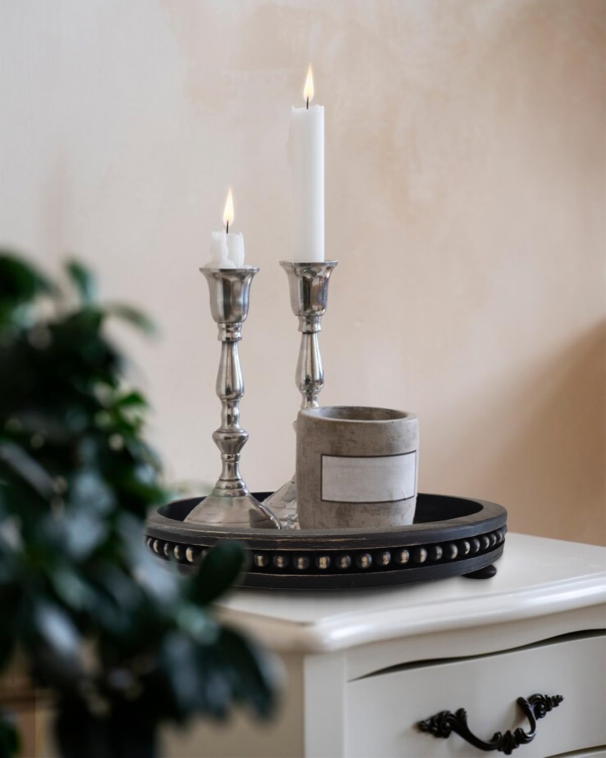 12 Inches Rustic Wooden Decorative Tray, Small Round Beaded Wood Tray for Kitchen Dinning Table Centerpiece Decor Entryway Living Room Home Decor, Black