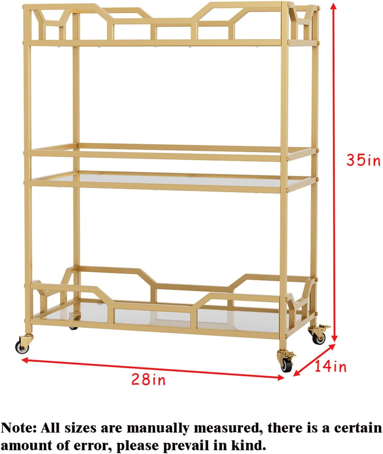 Square Gold Bar Carts with 3 Tier Storage Glass Shelves Holder Home Serving Bar Carts on Wheels for Kitchen, Bar, Dinning Room
