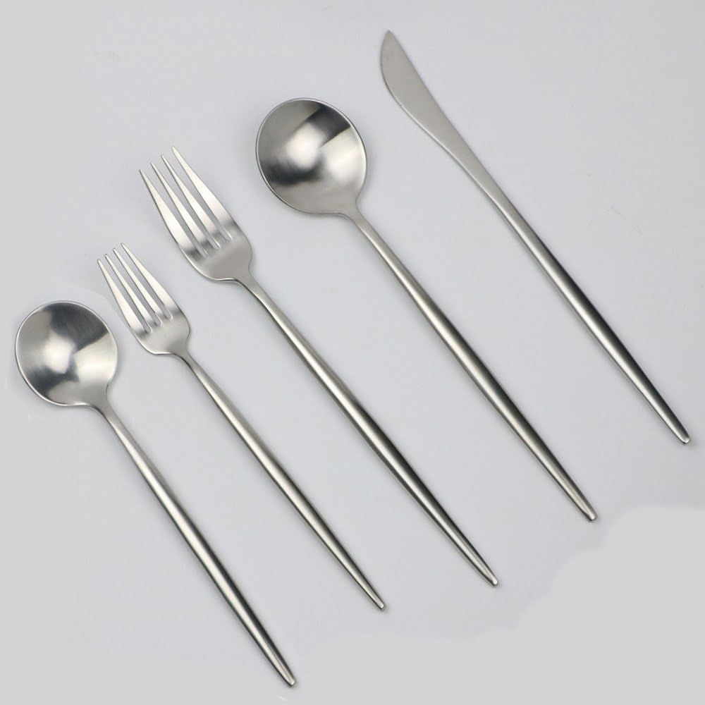 5-Pieces Luxury Silver 18/10 Stainless Steel Flatware Set, Matte Finish, Service for 1